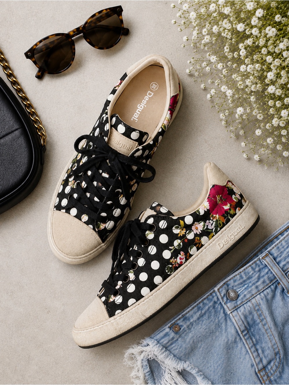 Desigual Floral Polka Dot Sneakers Black Cream Lace Up Shoes Size EU38 US 7.5